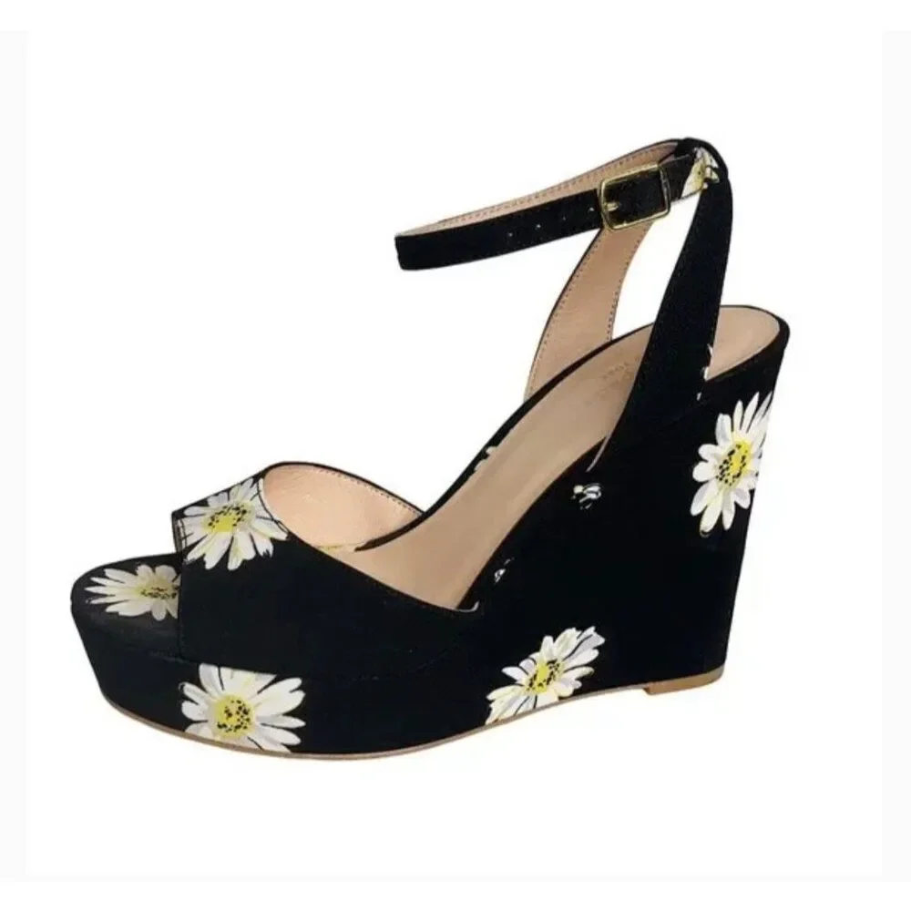 Kate Spade Dellie Women Black Canvas Floral Print Platform Wedge Size 10M